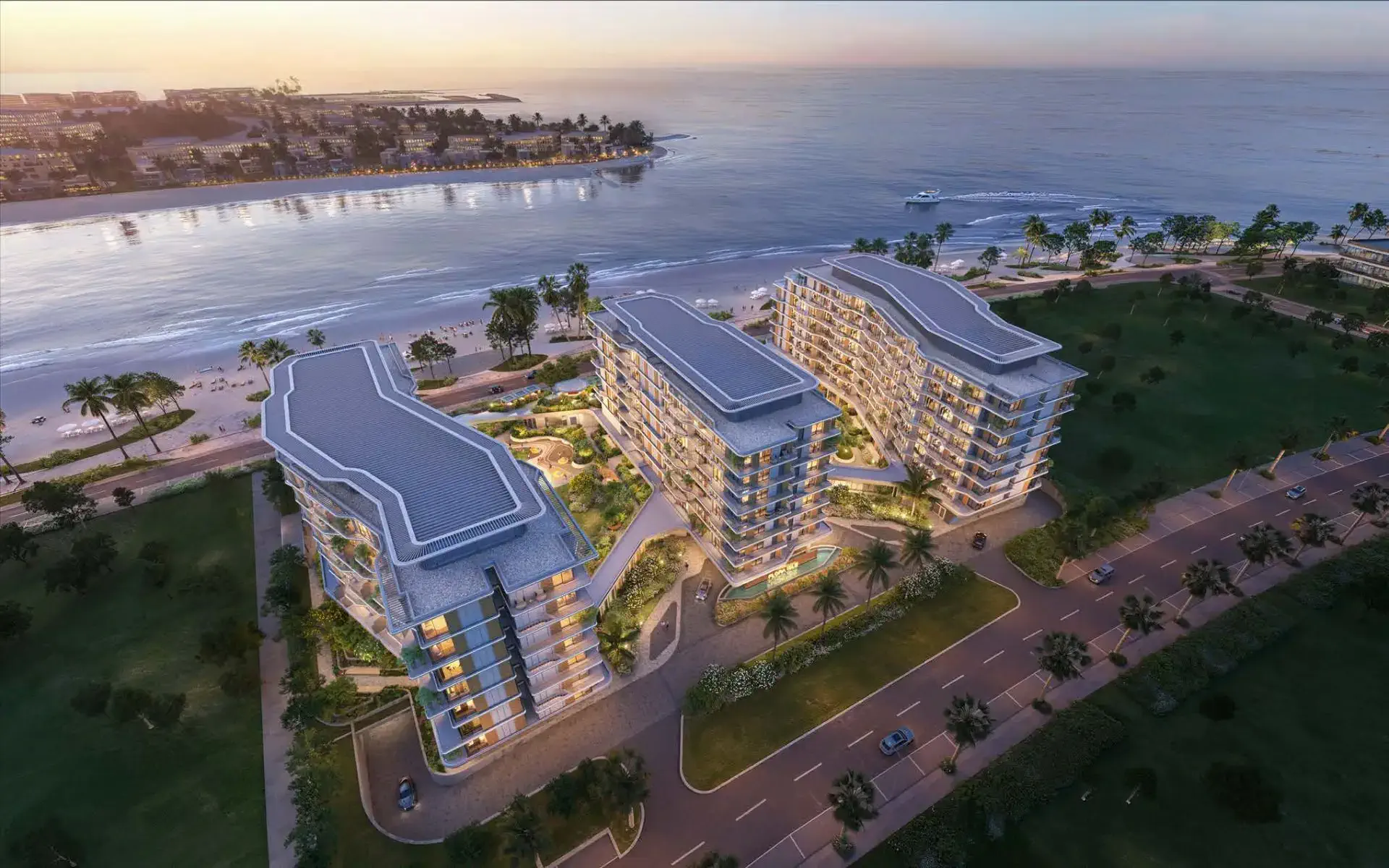 Flora Bay aerial view at dusk, Dubai Islands